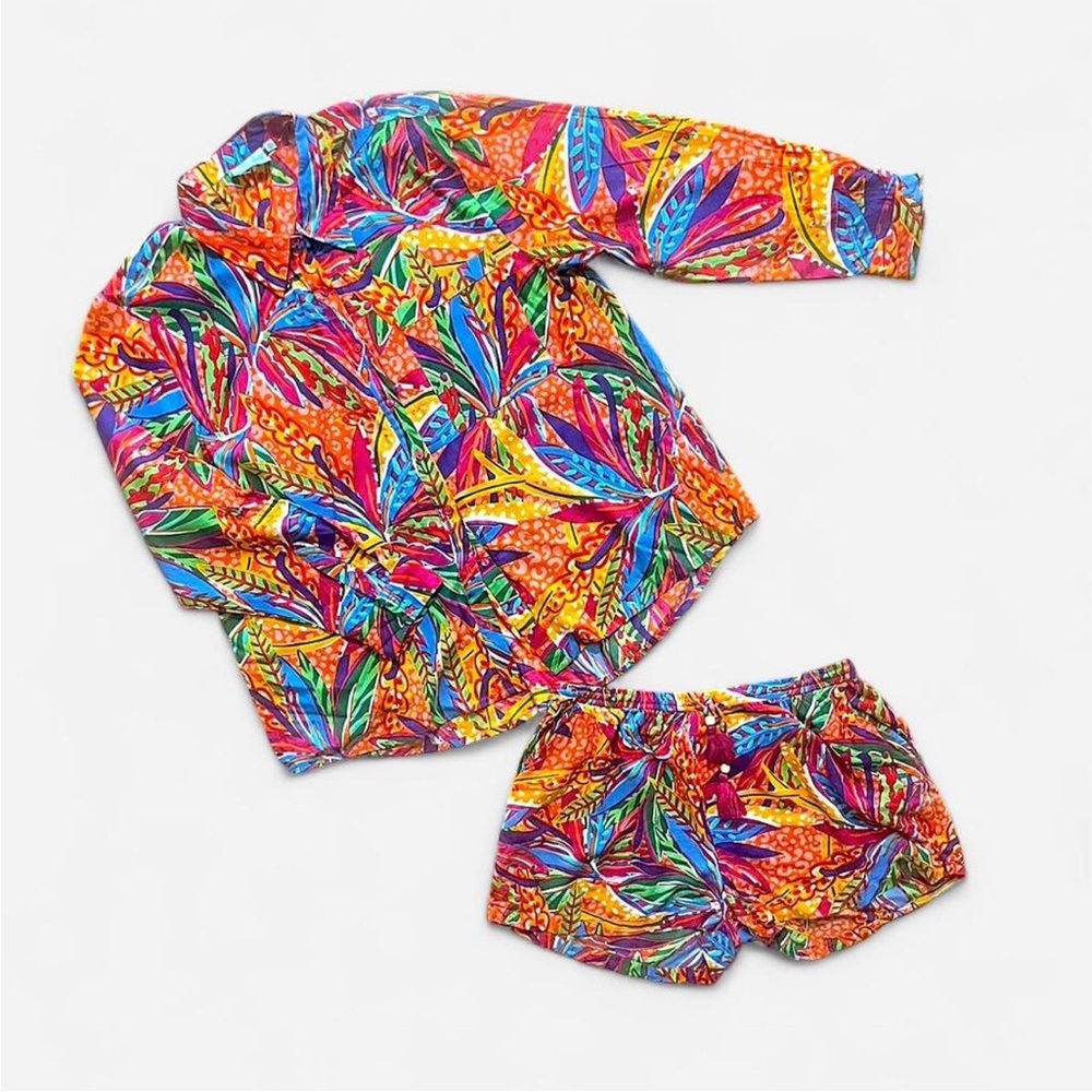 Tropical Print Rayon Two Piece Set Button Up & Shorts XL